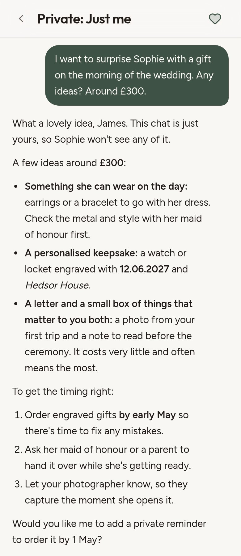 Ask Arch private chat: James asks for wedding morning gift ideas for Sophie
