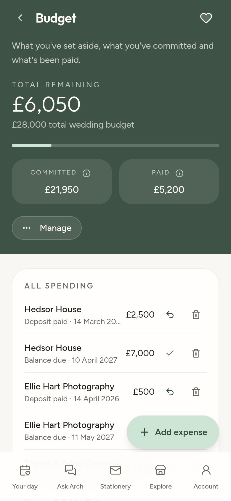 Arch wedding budget tracker