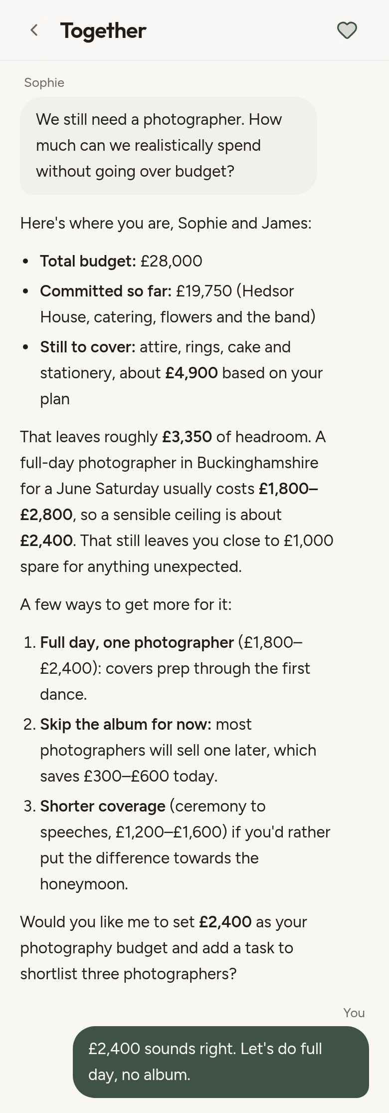 Ask Arch shared chat: Sophie asks how much they can spend on a photographer and Ask Arch works it out from their remaining budget