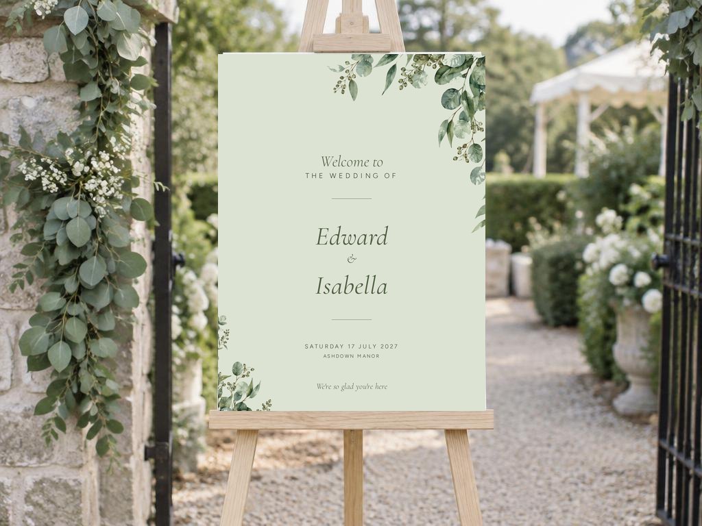 Botanical welcome sign in sage on a wooden easel