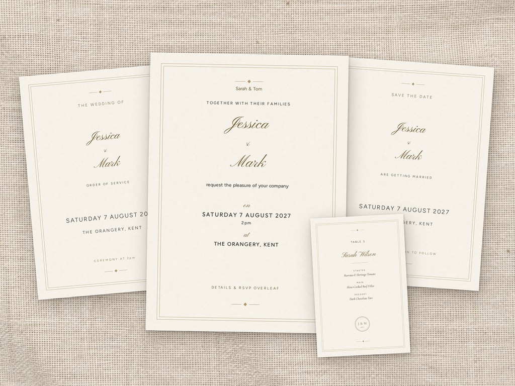 Arch Signature collection: invitation, save the date, order of service and place card in ivory