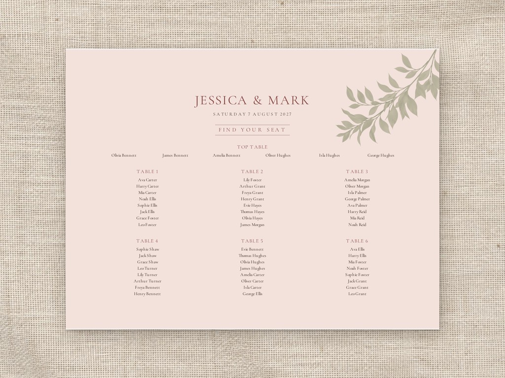 Romantic seating chart in blush listing guests by table