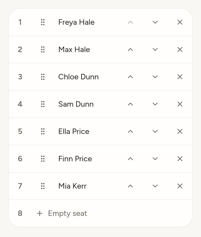 Seat order for one table in Arch, with numbered seats, guest names and an empty seat