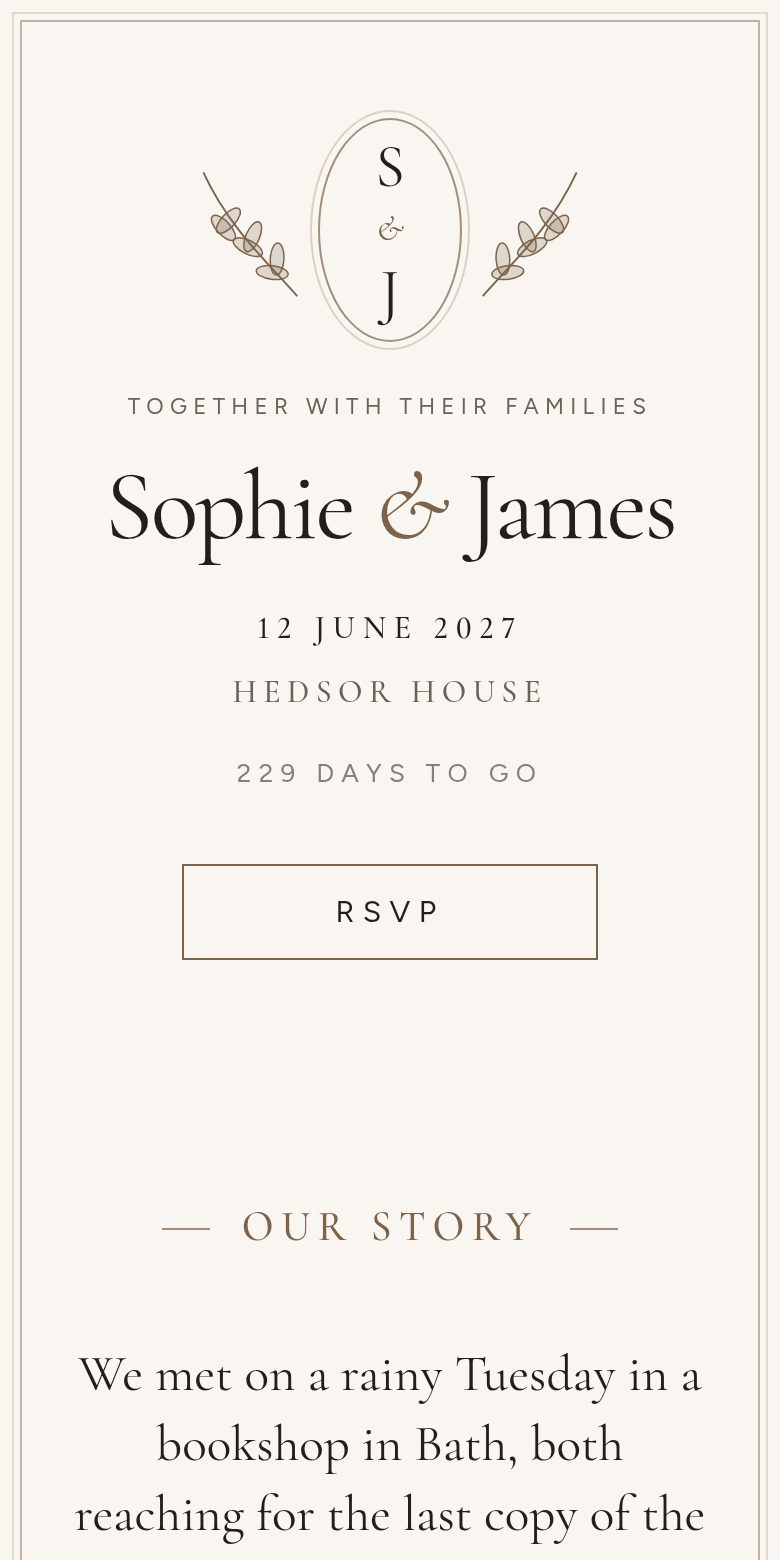 Arch Signature wedding website on a phone, showing the couple's names, date, venue and RSVP button
