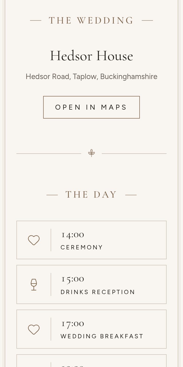 The day section of an Arch Signature wedding website listing ceremony, drinks and wedding breakfast times