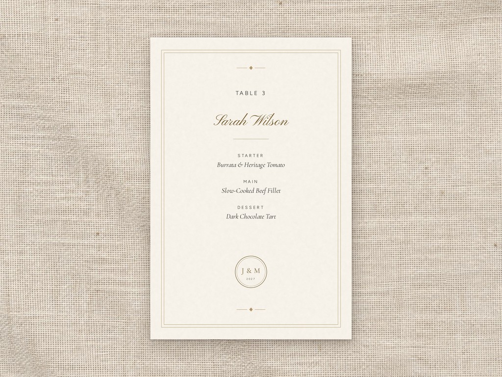 Signature place card with a guest's table and meal choices